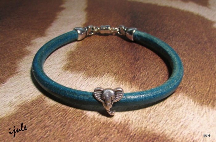 Distressed Turquoise Greek Leather & Elephant Bracelet 47